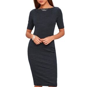 Lulus West Village Striped Bodycon Midi Dress Size Small Black NWT
